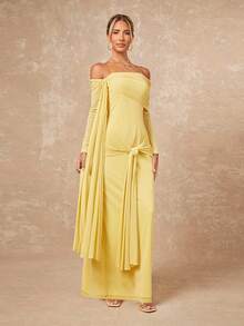 Lumalex Vestido ajustado con hombros descubiertos y lazada para mujer - Amarillo - Ver 7