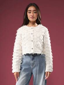 SUMWON Luxury Textured Fringe Tweed Jacket Cropped Button Up Blazer Inspired Evening Party Special Occasion Holiday Fashion Statement Piece - Beige - View 3