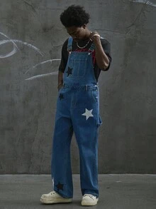 Manfinity ZONE917 Men's Casual Star Print Washed Blue Denim Bib Overalls, Streetwear Style, All Season Punk Regular Washed Blue Baggy Vacation Party For Thrashed Denim - Blue - View 5