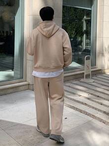 DAZY 男士字母印花保暖内衬连帽衫套装，棕色，秋冬 - 棕色 - 查看 2