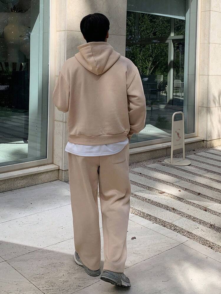 Men's Letter Print Thermal Lined Hoodie Set, Brown, Autumn/Winter