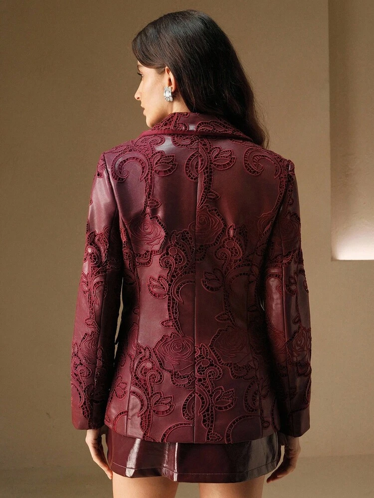 Damen neue bestickte burgunderrote Lederjacke mit Langarm, elegante burgunderrote Jacke für Musikfestivals, formelle Anlässe, Herbst/Frühling/Winter