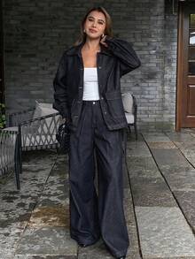 DAZY Women's Denim Jacket With Collar And Belt, Paired With Loose Wide-Leg Denim Pants, 2 Pieces Casual Denim Suit - Dark Wash - View 5
