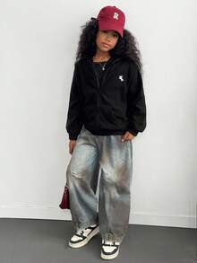 Embroidered Fleece Casual Fashionable Sweatshirt Jacket For Older Tween Girl Fall Winter - Black - View 3