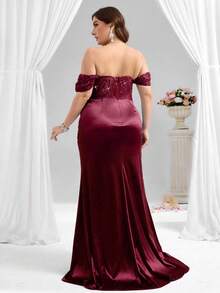 Coutiva 优雅性感上半身透视牡丹亮片刺绣拼接针织缎面下摆高开叉褶皱裹臀鱼尾下摆晚礼服、婚礼嘉宾、毕业典礼礼服 - 酒紅色 - 查看 2