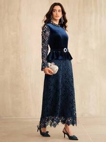 Anewsta Váy midi thanh lịch, sang trọng, phù hợp cho mùa thu, đông, năm mới, tiệc tùng, đám cưới - Xanh đậm - Xem 6