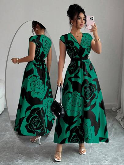 Elenzga 女式花卉印花重叠V领蝙蝠袖优雅连衣裙