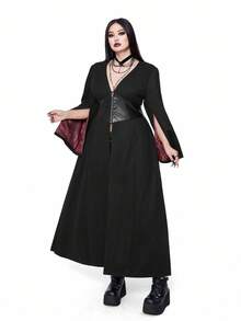 Whyspr Casual Punk V-Neck Long Sleeve Cuff Slit Faux Leather & Wool Blend Zip-Up Punk Style Printed Lining Long Maxi Coat, Plus Size, Black, Autumn/Winter