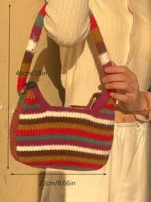 Joivida 彩虹条纹托特包和单肩包，蓬松百搭毛绒针织包，透气、轻便、可折叠、便携，用于存放手机、雨伞、化妆品、口红、香水、书籍、iPad、衣服，女士手提包适合日常使用、节日、上学、通勤、购物、工作、拍照、郊游、露营、跑步、母亲节送给女性的礼物 - 彩色 - 查看 3