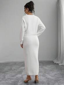 SHEIN Conjunto de suéter y falda de punto de unicolor elegante para embarazadas para ir al trabajo - Blanco - Ver 2