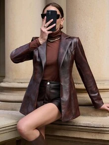 Lavishia Women Mocha Brown PU Elastic Fitted Commuter Street Fashion Blazer, Fall Winter New Year Christmas - Mocha Brown - View 1