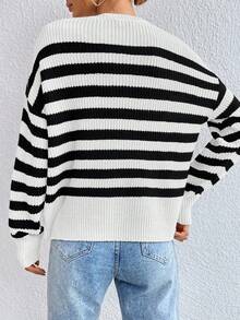 Chiquease 女式休闲落肩条纹套头衫，秋季 - 白色 - 查看 2