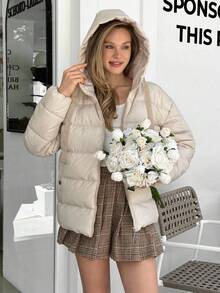 Cloudara 拉链抽绳连帽冬季大衣 - 米色 - 查看 4