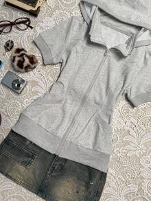 INAWLY 女士花卉印花短袖抽绳连帽运动衫，户外运动休闲 - 淺灰色 - 查看 3