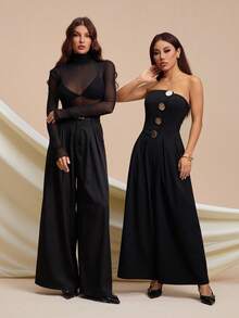 SHEIN Tall 斯德哥尔摩风格，秋季女装，2025年春季新款女装系列，高领毛领针织上衣，黑色秋冬款，新年女士上衣，网纱长袖黑色上衣 - 黑色 - 查看 7