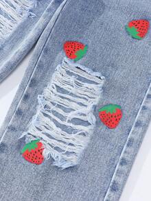 SHEIN ChillGRL 少女浅洗蓝草莓印花阔腿牛仔裤，舒适甜美休闲度假学院风推荐！舒适的浅洗蓝牛仔面料 - 淺色水洗藍 - 查看 8