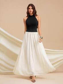 SHEIN Tall 女式无袖撞色休闲长裙 - 黑與白 - 查看 5