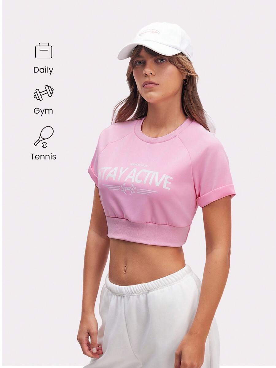 Eassivo Eassivo Camiseta corta de cuello redondo casual y deportiva con estampado para mujer - Rosa - Ver 1