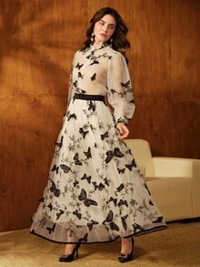 Anewsta Damset med fjärilsbroderad meshblus och kjol med lanternärmar - Aprikos - Visa 4