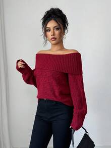 Elenzga Damen lässiger, weiter einfarbiger Pullover, Off-Shoulder, Langarm - Rot - Übersicht 3
