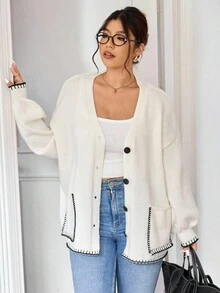 SHEIN Frenchy Cardigan Rajut Santai Kasual Minimalis Ukuran Plus Serbaguna Gaya Urban Chic untuk Wanita/Musim Dingin/Musim Dingin - Krem - View 4