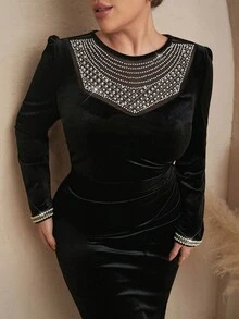 Chikora Plus Size Elegant Party Beaded Embellished Dress 2025 Autumn And Winter New Style Autumn Clothing For Women Winter Dress Women Halloween Christmas Christmas Party Dress New Year Dress New Year Women's Clothes Elegant Dresses For Party Party Outfit Wedding Guest Dress Wedding Party Dress Graduation Dress Prom Dress Elegant Dresses For Women Elegant Evening Dresses Luxury Evening Dress For Women Black Dress Halloween Costumes Christmas New Year Old Money Style