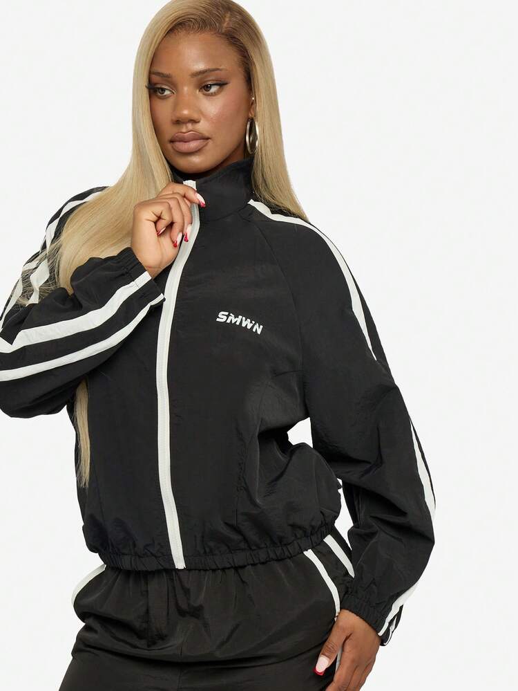 SUMWON WOMEN White Striped Windbreaker With Stand Collar And Zip Closure