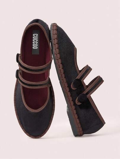 CUCCOO DOLLMOD Zapatos planos de estilo Mary Jane con doble correa paralela de terciopelo clásico y cómodo de color marrón oscuro para mujer