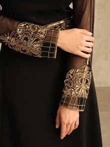 Anewsta 女士复古时尚假日套装，串珠亮片刺绣优雅派对连衣裙，适合秋季、冬季、新年、派对、婚礼等场合。 - 黑色 - 查看 1