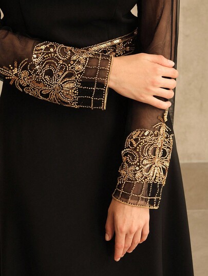 Anewsta Women's Retro Chic Holiday Outfit Beaded Sequin Embroidered Elegant Party Dress, Suitable For Fall, Winter, New Year, Party, Wedding