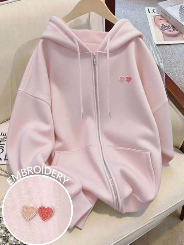 Franclia Women's Casual Everyday Heart Embroidery Dropped Shoulder Loose Drawstring Zip-Up Hoodie, Spring/Autumn