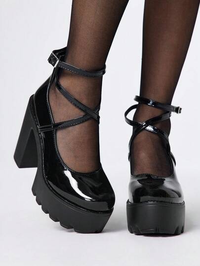 Women's Closed Toe Cross Strap Mary Jane Shoes, Punk Goth Rock Style, Thick Heel, Strap, Japanese JK Uniform, Waterproof Platform, Formal Work High Heels
