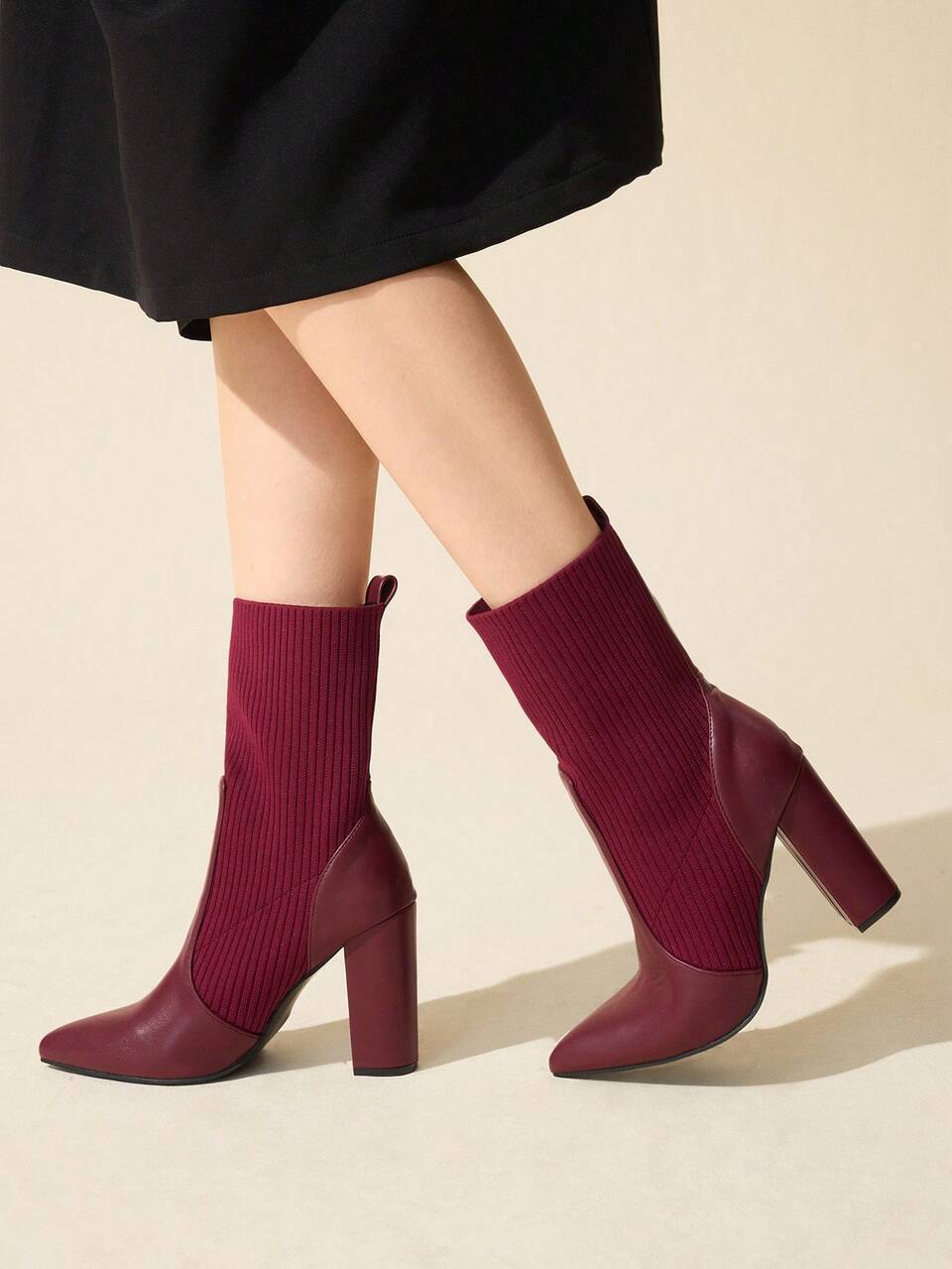 CUCCOO BASICS Women's Fashion Fabric Elastic Pointed Toe Chunky Heel Mid-Calf Boots, Suitable For Commuting, Dating, Party, Holiday For Christmas