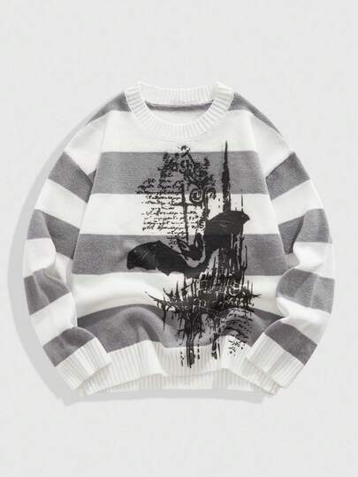 Goth Men's Casual Striped Bat Pattern Crew Neck Long Sleeve Sweater, Autumn/Winter