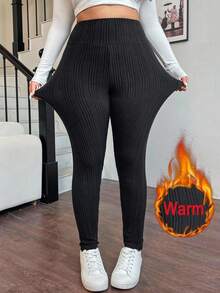 SHEIN PETITE CURVE Leggings casual in vita alta taglia comoda, termici per autunno/inverno - nero - Visualizzare 6