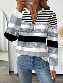 EMERY ROSE Textured Striped Print Zip-Up Round Neck Plus Size Women Sweatshirt