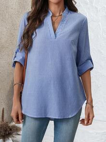 EMERY ROSE 女式休闲/工作条纹卷袖缺口领衬衫 - 寶藍色 - 查看 2