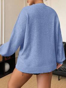Elenzga Plus Size Women Casual Loose Fit Crew Neck Long Sleeve Pullover Sweater, Flattering, Autumn/Winter Fall - Blue - View 3