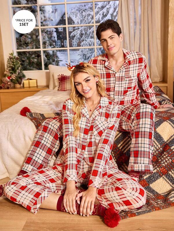 CoupledUp Plaid Print Men's Button-Front Pajama Set, Fall Winter Clothes, For Christmas