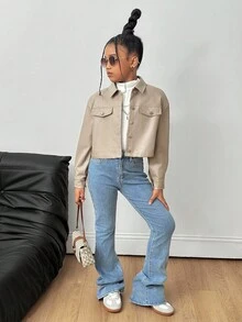 SHEIN Tween Girl Casual Lapel Pocket Metal Button Front PU Short Jacket Fall Winter - Khaki - View 3