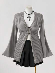 Sunspun 加大码女式波西米亚风格纽扣前针织开衫，适合所有季节，是度假装的理想选择 - 灰色 - 查看 1