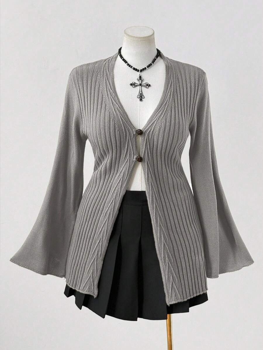 Sunspun 加大码女式波西米亚风格纽扣前针织开衫，适合所有季节，是度假装的理想选择 - 灰色 - 查看 1