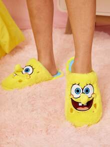 SpongeBob SquarePants | SHEIN Dép đi trong nhà chống trượt họa tiết hoạt hình thêu dễ thương thời trang cho nữ, chất liệu vải mềm mại, ấm áp, đế bền, phù hợp cho phòng ngủ, phòng máy lạnh, mùa xuân, thu, dành cho cả nam và nữ - Màu vàng - Xem 5