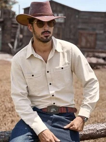 Manfinity Nomadique Men's Casual Solid Color Long Sleeve Shirt Button-Down Shirt Music Festival, Nightclub Bar, Boyfriend/Husband Gift, Beige Men Western Shirt Men Western Shirts Western Wear For Men Cowboy Shirts Men Rodeo Shirt Men, Fall - Beige - View 3