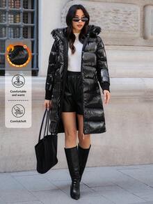 EURMUSE Special Shiny Fabric Puffer Long Jacket