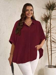 EMERY ROSE Plus Size Women Casual Loose Solid Color Blouses, Summer - Burgundy - View 4