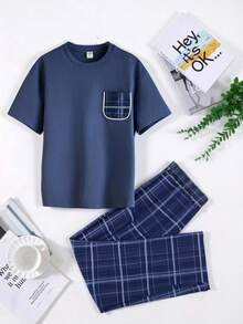 SHEIN Tween Boys' Blue Plaid Simple Silhouette Pajama Set, Casual Collegiate Comfortable Fashion Minimalist Versatile Soft Fabric Suitable For Daily Wear, School, Outings, And Home Teen Boy 2 Piece Set Boys Plaid Pajama Set Teen Boy Plaid Set Boys Matching Pajama Set 2 Piece Plaid Set Boys Pajama Set Boys Matching Set 2 Piece Plaid Outfit Boys Baby Blue - Blue - View 2
