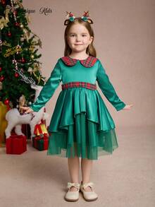 Glamorique Kids Neues Weihnachtskleid für Kleine Mädchen, Karomuster Peter-Pan-Kragen Design, Taillenmuster Design, Rückentaille Karoschleife Design, Kontrastfarbeffekt & eleganter Stil, geeignet für Weihnachtspartys, Alltagstragen, Herbst/Winter - Armeegrün - Übersicht 6