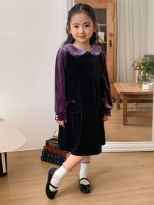 DAZY Girls Young Girl Fall/Winter Velvet Pinafore Dress Set, Collared Blouse, Cute Bow Design, Casual & Fashionable Everyday Wear - Multicolor - View 3