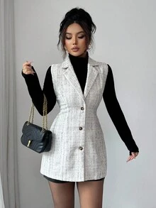 Elenzga Chaqueta sin mangas de frente abierto casual para mujer, adecuada para ir al trabajo, otoño/invierno - Blanco y Negro - Ver 7